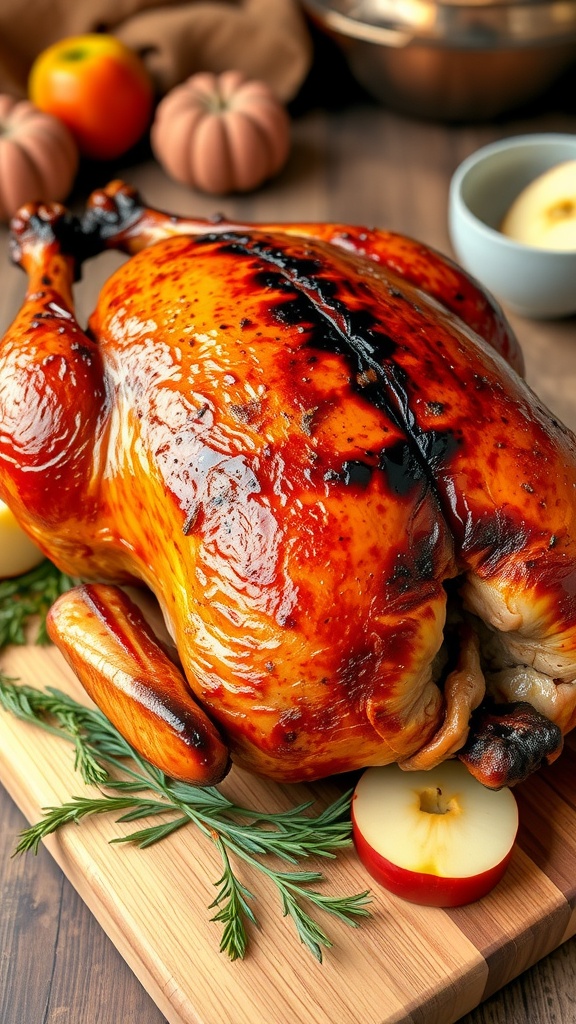 Smoked turkey on a cutting board, garnished with herbs and apple slices, against a rustic kitchen backdrop.